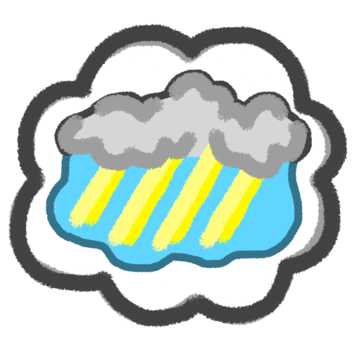 a white thought bubble with a long grey cloud inside it. under the cloud is a blue sky, coming out of the cloud downward are 4 rays in two shades of yellow.